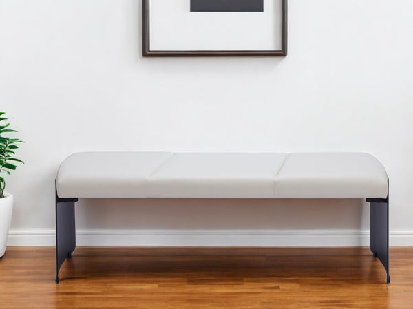 Homeroots 55" White Faux Leather Upholstered Bench - Stylish Entryway Seating With Modern Black Steel Base   602315