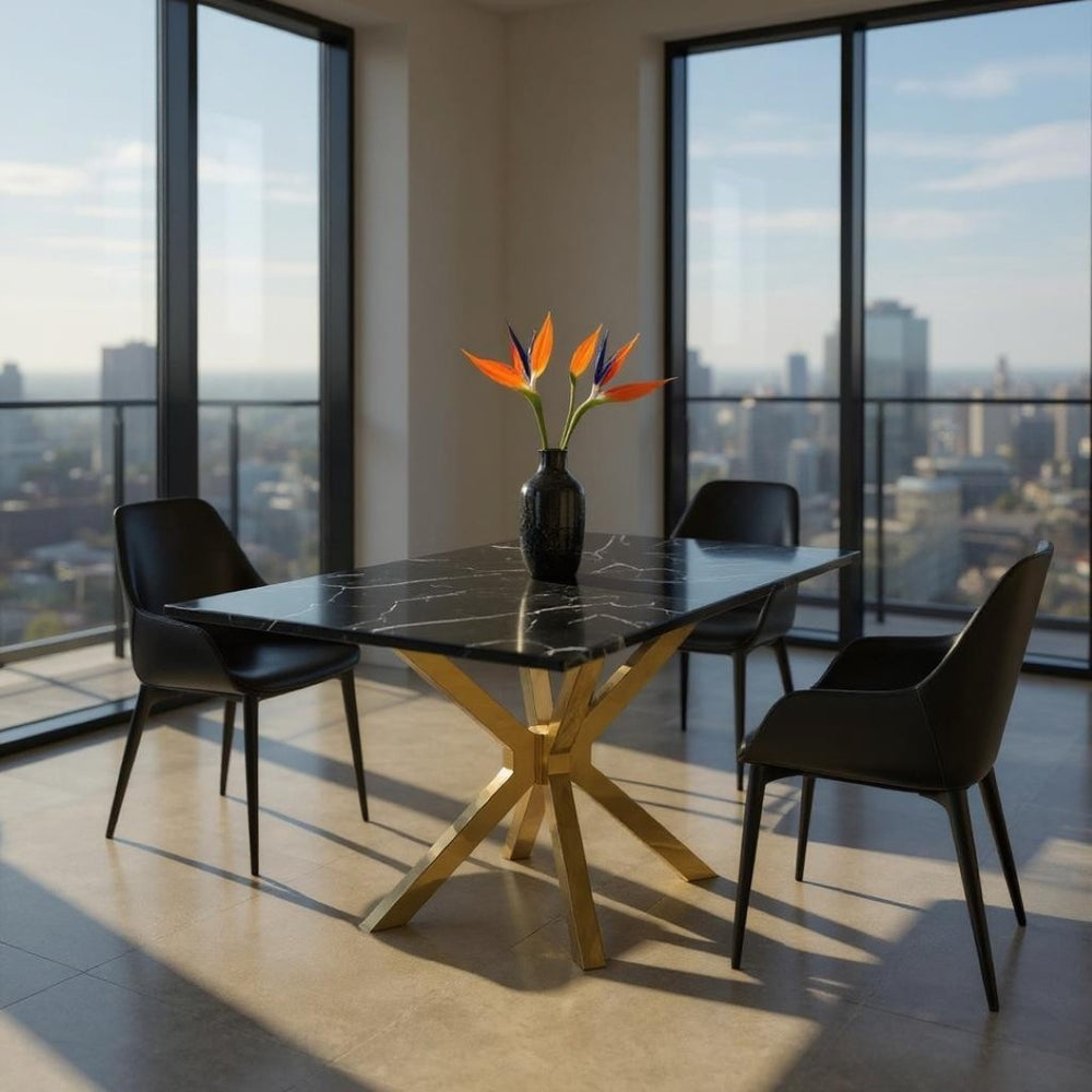 HomeRoots 79" Black Marble Dining Table with Gold Metal Cross Legs – Elegant, Spacious, and Functional Design 602324