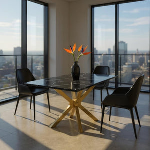 HomeRoots 79" Black Marble Dining Table with Gold Metal Cross Legs – Elegant, Spacious, and Functional Design 602324