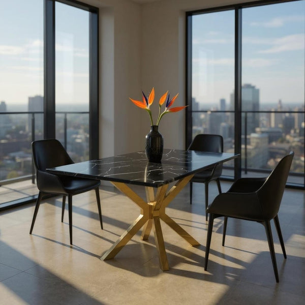 HomeRoots 79" Black Marble Dining Table with Gold Metal Cross Legs – Elegant, Spacious, and Functional Design 602324