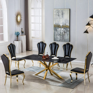 HomeRoots 79" Black Marble Dining Table with Gold Metal Cross Legs – Elegant, Spacious, and Functional Design 602324