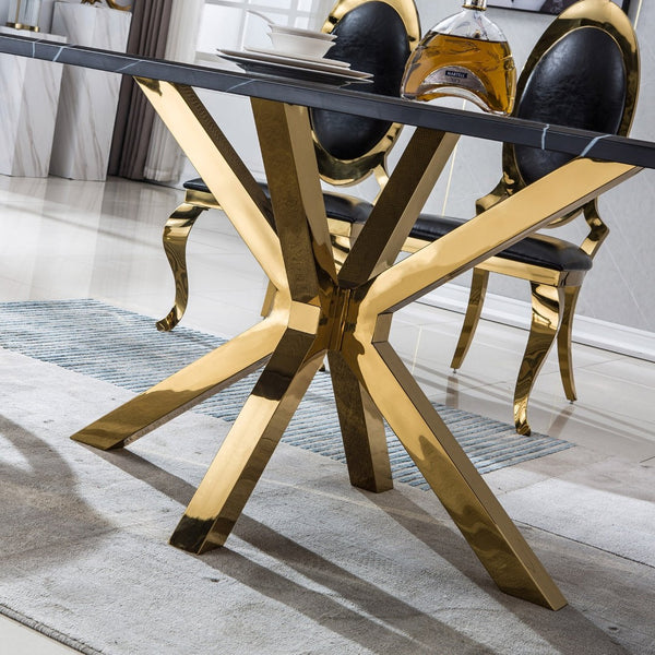HomeRoots 79" Black Marble Dining Table with Gold Metal Cross Legs – Elegant, Spacious, and Functional Design 602324