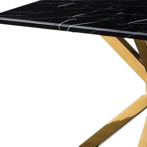 HomeRoots 79" Black Marble Dining Table with Gold Metal Cross Legs – Elegant, Spacious, and Functional Design 602324