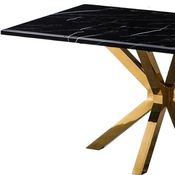 HomeRoots 79" Black Marble Dining Table with Gold Metal Cross Legs – Elegant, Spacious, and Functional Design 602324