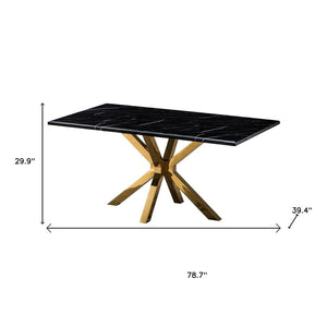 HomeRoots 79" Black Marble Dining Table with Gold Metal Cross Legs – Elegant, Spacious, and Functional Design 602324