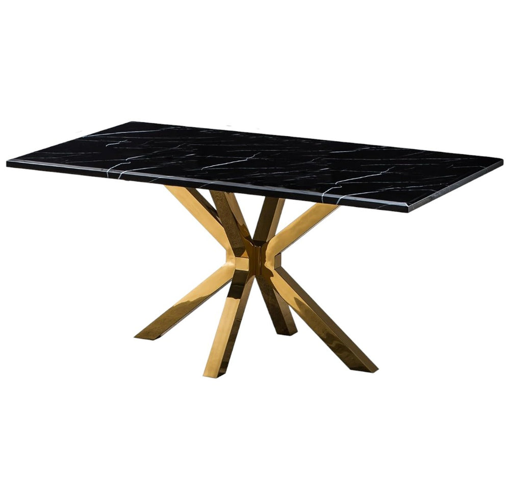 HomeRoots 79" Black Marble Dining Table with Gold Metal Cross Legs – Elegant, Spacious, and Functional Design 602324
