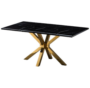 HomeRoots 79" Black Marble Dining Table with Gold Metal Cross Legs – Elegant, Spacious, and Functional Design 602324