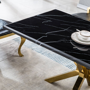 HomeRoots 63" Black and Gold Marble Dining Table with Metal Cross Legs - Stylish Centerpiece for Any Space 602325