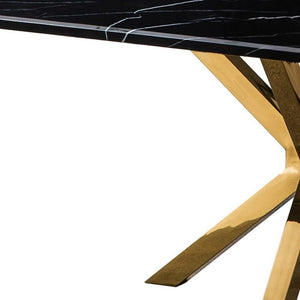 HomeRoots 63" Black and Gold Marble Dining Table with Metal Cross Legs - Stylish Centerpiece for Any Space 602325