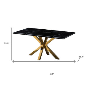 HomeRoots 63" Black and Gold Marble Dining Table with Metal Cross Legs - Stylish Centerpiece for Any Space 602325