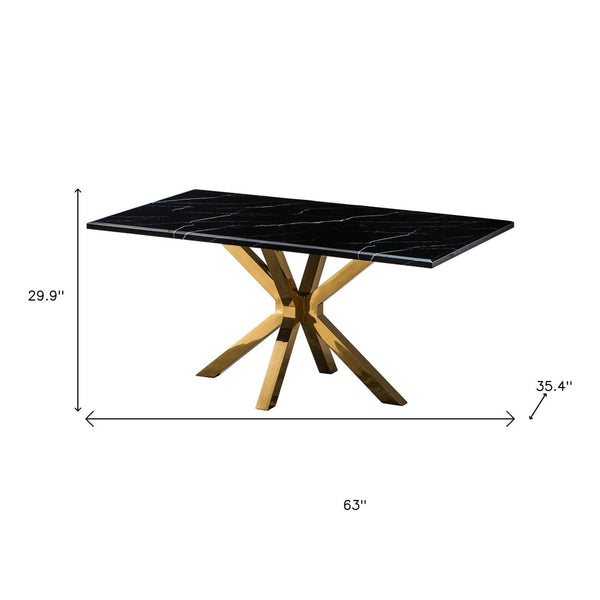 HomeRoots 63" Black and Gold Marble Dining Table with Metal Cross Legs - Stylish Centerpiece for Any Space 602325