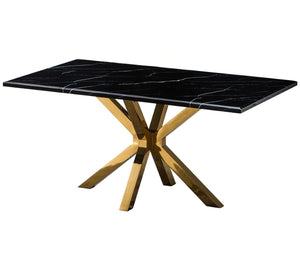 HomeRoots 63" Black and Gold Marble Dining Table with Metal Cross Legs - Stylish Centerpiece for Any Space 602325
