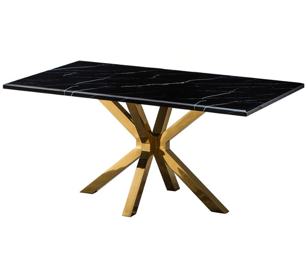 HomeRoots 63" Black and Gold Marble Dining Table with Metal Cross Legs - Stylish Centerpiece for Any Space 602325