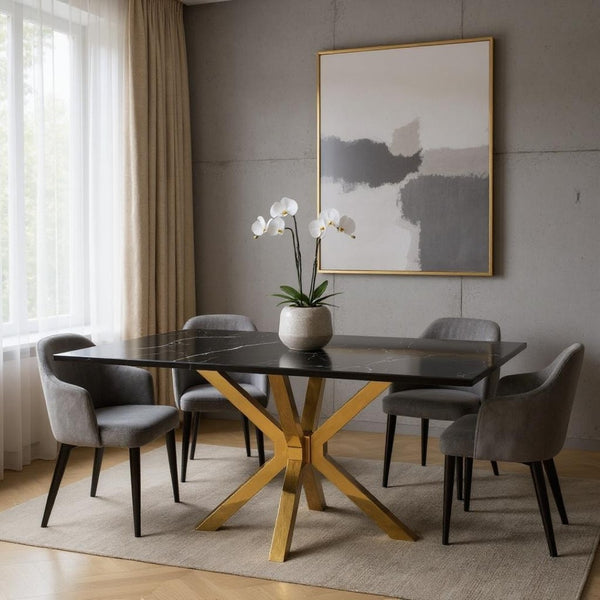 HomeRoots 63" Black and Gold Marble Dining Table with Metal Cross Legs - Stylish Centerpiece for Any Space 602325
