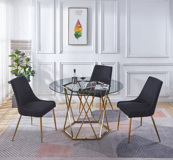 HomeRoots 48" Clear Glass & Gold Metal Round Dining Table - Modern Trestle Design, Seats 4, Stylish Elegance 602326