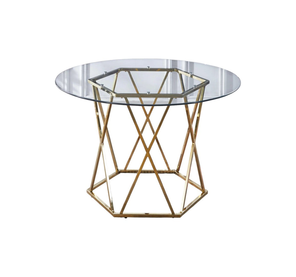 HomeRoots 48" Clear Glass & Gold Metal Round Dining Table - Modern Trestle Design, Seats 4, Stylish Elegance 602326