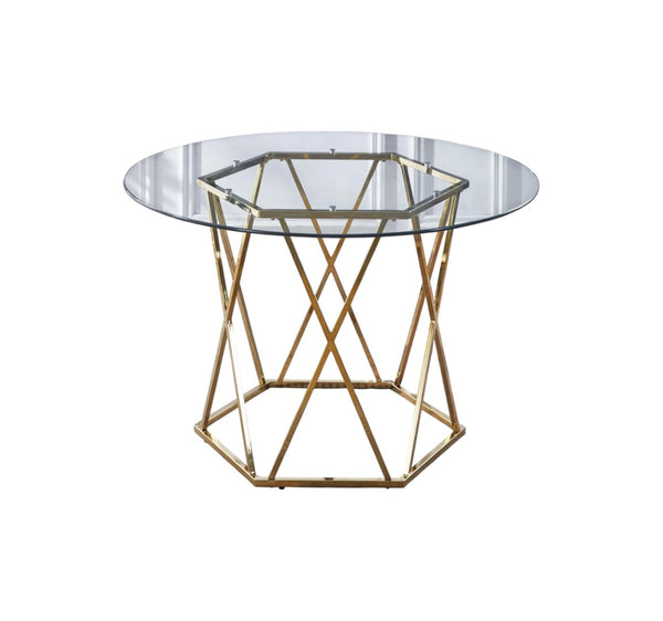 HomeRoots 48" Clear Glass & Gold Metal Round Dining Table - Modern Trestle Design, Seats 4, Stylish Elegance 602326