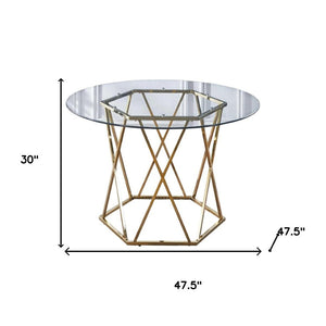 HomeRoots 48" Clear Glass & Gold Metal Round Dining Table - Modern Trestle Design, Seats 4, Stylish Elegance 602326