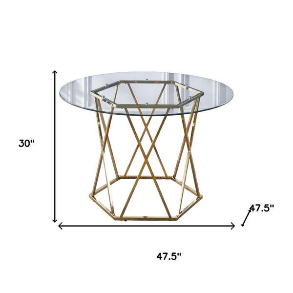 HomeRoots 48" Clear Glass & Gold Metal Round Dining Table - Modern Trestle Design, Seats 4, Stylish Elegance 602326