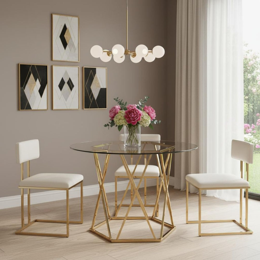 HomeRoots 48" Clear Glass & Gold Metal Round Dining Table - Modern Trestle Design, Seats 4, Stylish Elegance 602326