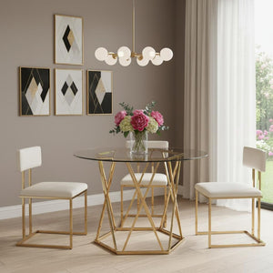 HomeRoots 48" Clear Glass & Gold Metal Round Dining Table - Modern Trestle Design, Seats 4, Stylish Elegance 602326