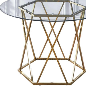 HomeRoots 48" Clear Glass & Gold Metal Round Dining Table - Modern Trestle Design, Seats 4, Stylish Elegance 602326