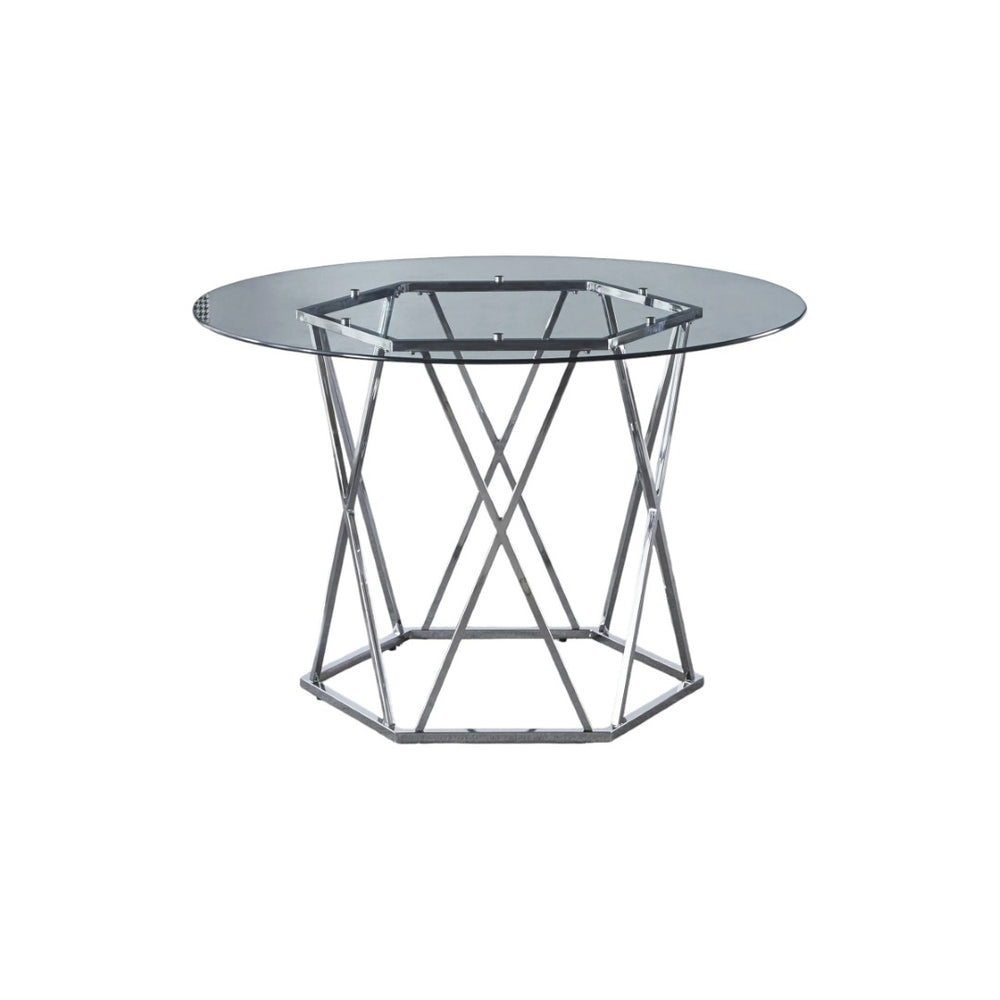 HomeRoots 48" Modern Clear Glass Round Dining Table with Silver Metal Trestle Base for Stylish Spaces 602327