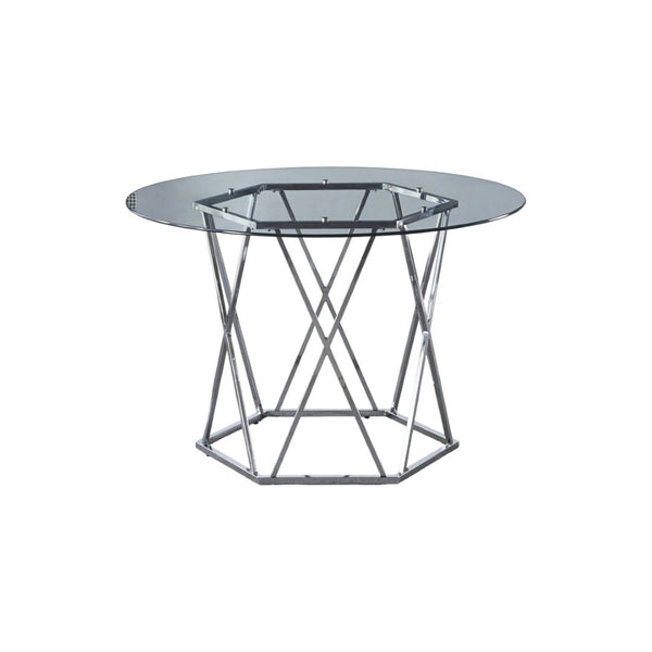 HomeRoots 48" Modern Clear Glass Round Dining Table with Silver Metal Trestle Base for Stylish Spaces 602327