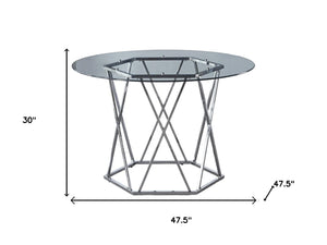 HomeRoots 48" Modern Clear Glass Round Dining Table with Silver Metal Trestle Base for Stylish Spaces 602327