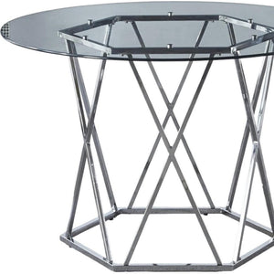 HomeRoots 48" Modern Clear Glass Round Dining Table with Silver Metal Trestle Base for Stylish Spaces 602327