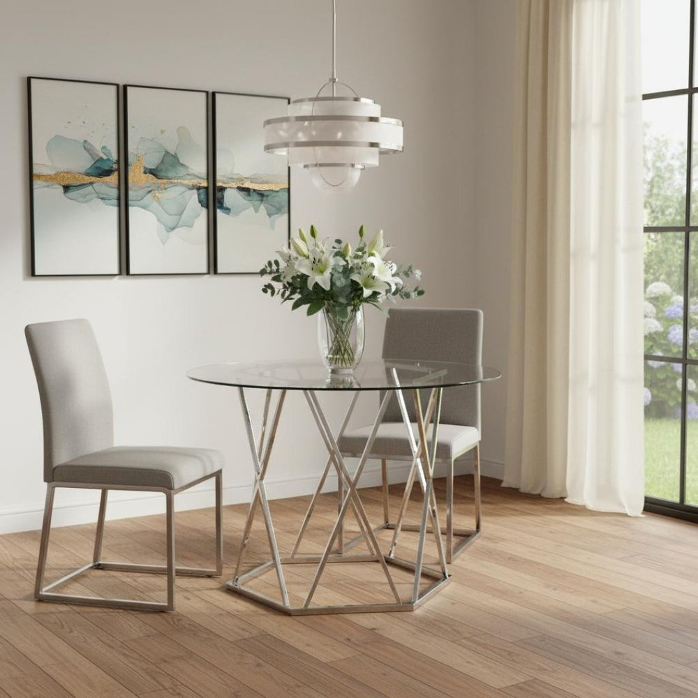 HomeRoots 48" Modern Clear Glass Round Dining Table with Silver Metal Trestle Base for Stylish Spaces 602327
