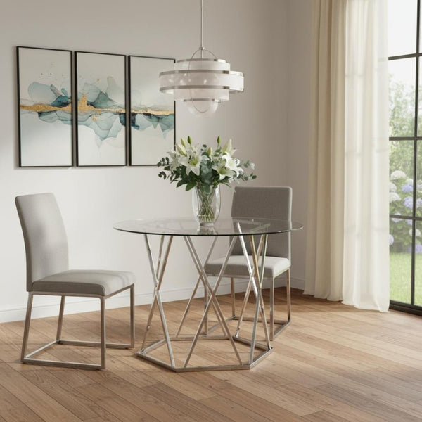 HomeRoots 48" Modern Clear Glass Round Dining Table with Silver Metal Trestle Base for Stylish Spaces 602327