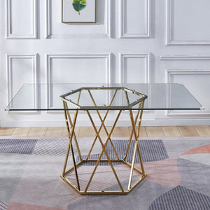 HomeRoots 63" Clear Glass and Gold Metal Geo Pedestal Dining Table - Modern Elegance for Any Space 602328