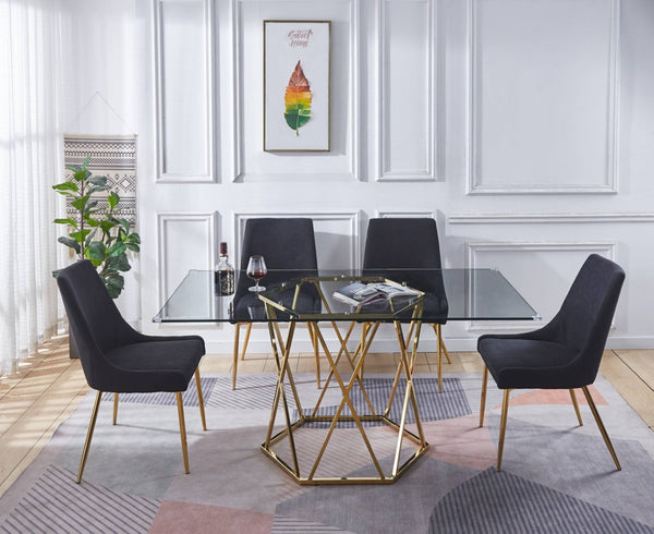 HomeRoots 63" Clear Glass and Gold Metal Geo Pedestal Dining Table - Modern Elegance for Any Space 602328