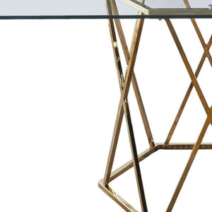 HomeRoots 63" Clear Glass and Gold Metal Geo Pedestal Dining Table - Modern Elegance for Any Space 602328