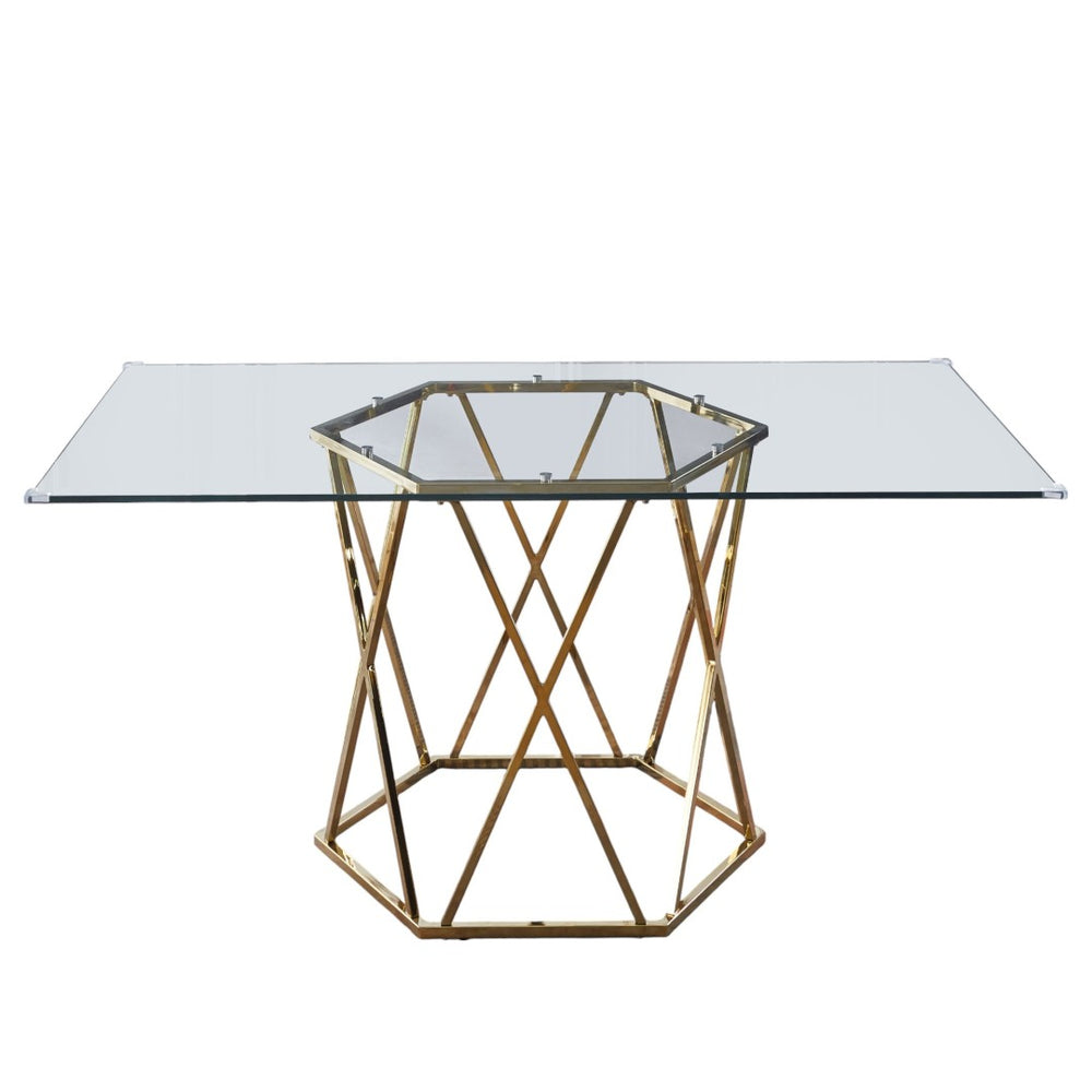 HomeRoots 63" Clear Glass and Gold Metal Geo Pedestal Dining Table - Modern Elegance for Any Space 602328