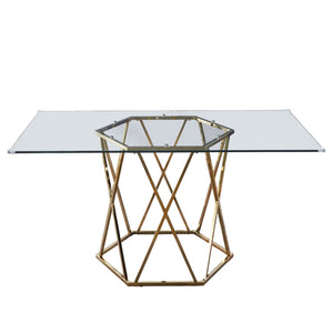 HomeRoots 63" Clear Glass and Gold Metal Geo Pedestal Dining Table - Modern Elegance for Any Space 602328