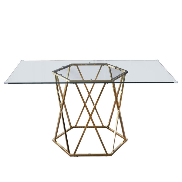 HomeRoots 63" Clear Glass and Gold Metal Geo Pedestal Dining Table - Modern Elegance for Any Space 602328