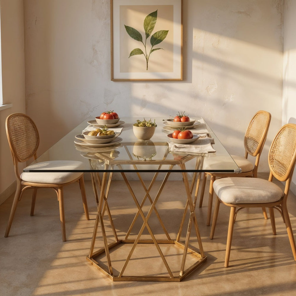 HomeRoots 63" Clear Glass and Gold Metal Geo Pedestal Dining Table - Modern Elegance for Any Space 602328