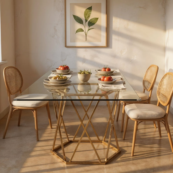 HomeRoots 63" Clear Glass and Gold Metal Geo Pedestal Dining Table - Modern Elegance for Any Space 602328