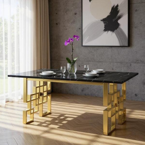 HomeRoots 79" Luxurious Black Marble Dining Table with Gold Metal Double Pedestal Base for 8 Guests 602329