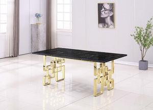 HomeRoots 79" Luxurious Black Marble Dining Table with Gold Metal Double Pedestal Base for 8 Guests 602329