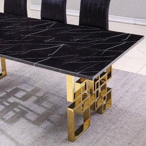 HomeRoots 79" Luxurious Black Marble Dining Table with Gold Metal Double Pedestal Base for 8 Guests 602329