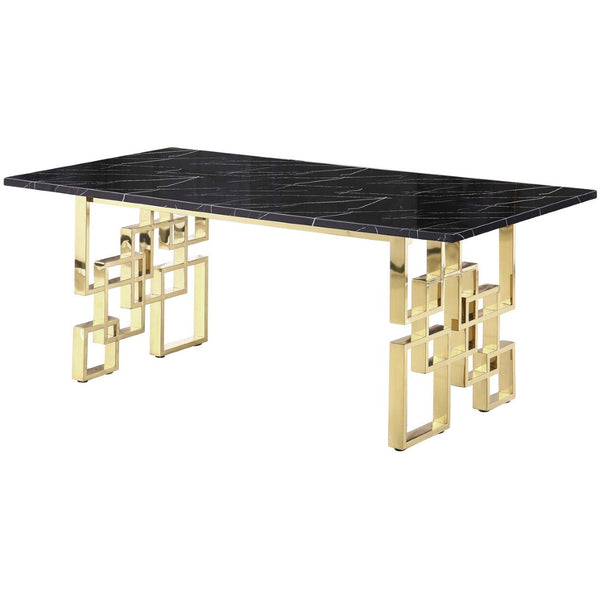 HomeRoots 79" Luxurious Black Marble Dining Table with Gold Metal Double Pedestal Base for 8 Guests 602329