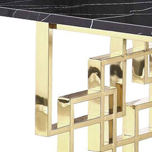 HomeRoots 79" Luxurious Black Marble Dining Table with Gold Metal Double Pedestal Base for 8 Guests 602329