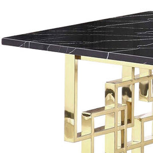 HomeRoots 79" Luxurious Black Marble Dining Table with Gold Metal Double Pedestal Base for 8 Guests 602329