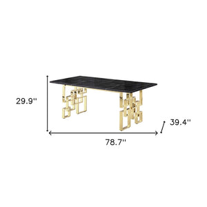 HomeRoots 79" Luxurious Black Marble Dining Table with Gold Metal Double Pedestal Base for 8 Guests 602329