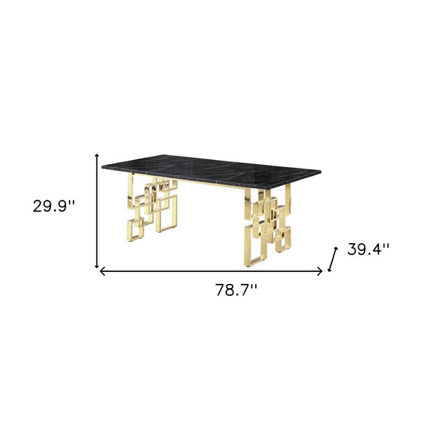 HomeRoots 79" Luxurious Black Marble Dining Table with Gold Metal Double Pedestal Base for 8 Guests 602329