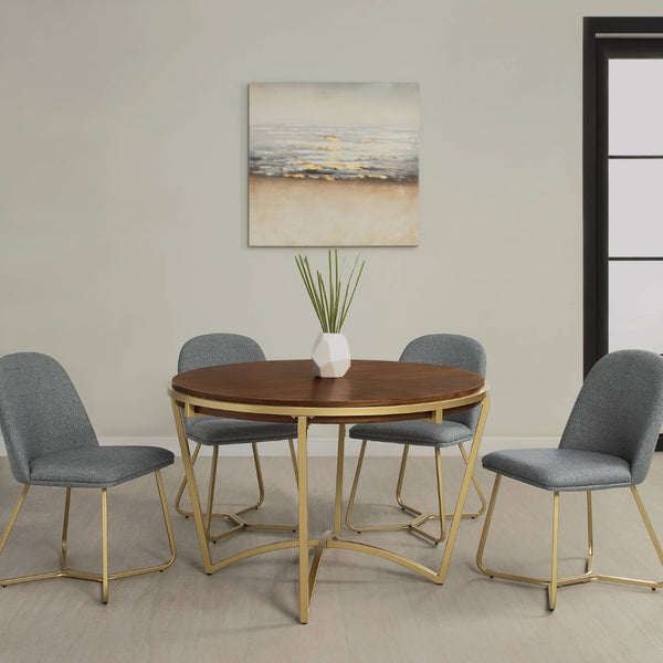 HomeRoots 46" Brown and Gold Round Trestle Dining Table - Solid Wood Top with Sturdy Metal Base for 4 People 602330