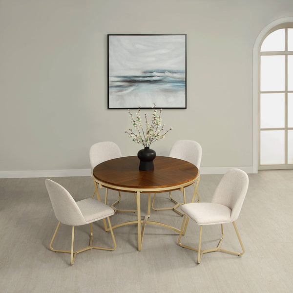 HomeRoots 46" Brown and Gold Round Trestle Dining Table - Solid Wood Top with Sturdy Metal Base for 4 People 602330